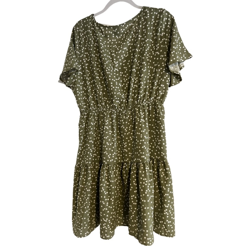 Green V Neck Surplice Neckline Dress with White Hearts - Picture 4 of 7